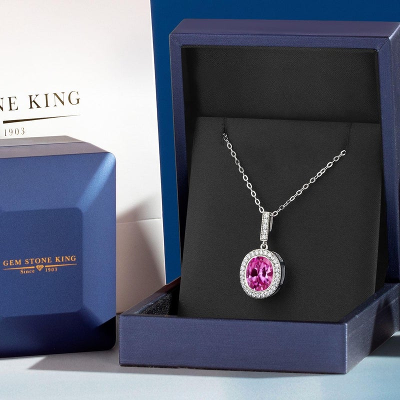 Gem Stone King 925 Sterling Silver Oval Gemstone Birthstone Halo Necklace For Women | Oval 12X10MM | Halo Pendant Necklace for Women | With 18 Inch Silver Chain - Image 5